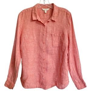 Garnet Hill Linen Blouse Women Size Small Pink Long Sleeve Button Up Collared